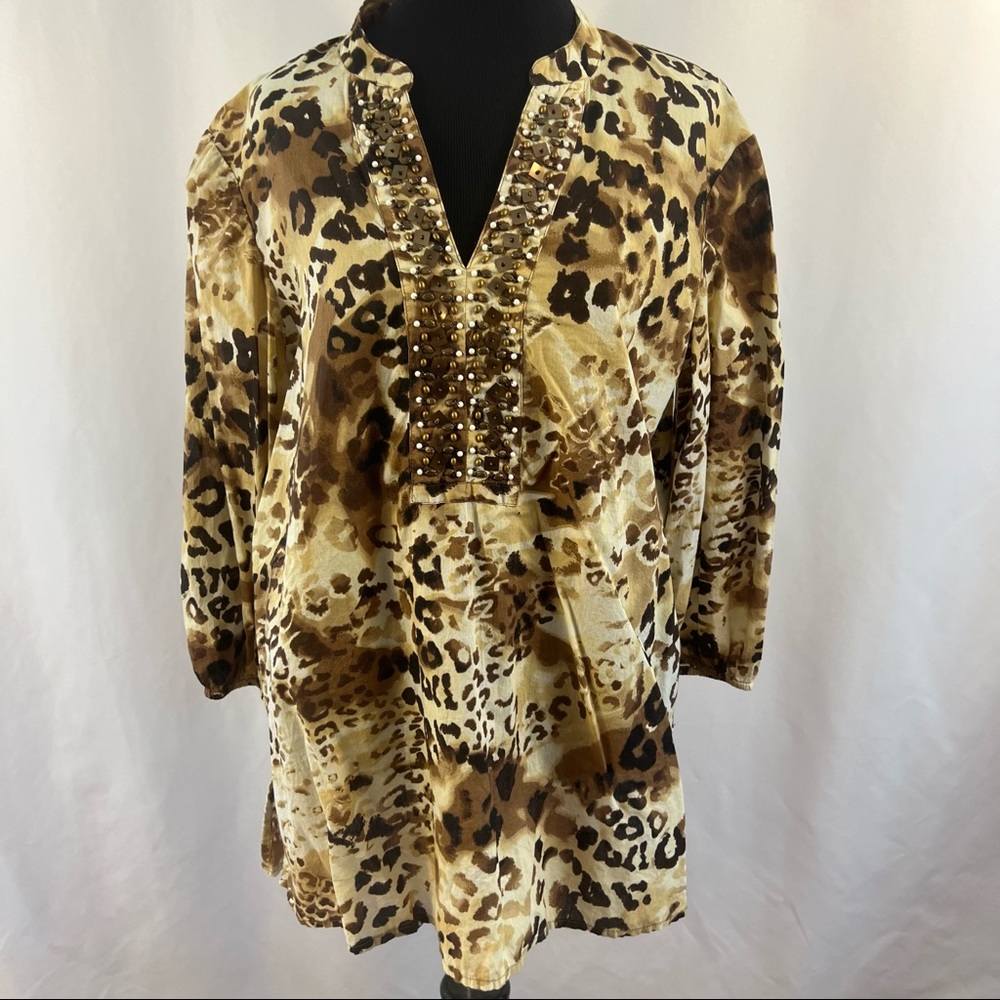 JM Collection Top Animal Print Beaded V-Neck Tunic Women's 8 M Medium 3/4 Sleeve
